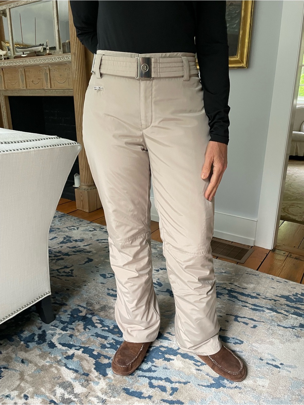 Bogner Women's Straight Leg Ski Pants in Beige with Belt Detail